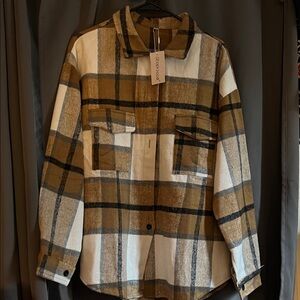 Stylish Plaid Button Down Shirt - Brown and White